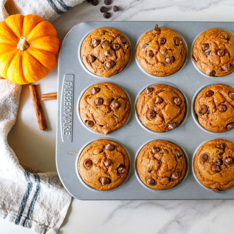 These Pumpkin Chocolate Chip Muffins are soft, moist, and warmly spiced, with melty chocolate chips in every bite. Made with pumpkin puree and just the right balance of sweetness and cozy fall spices, they're an easy autumn treat for breakfast, snacking, or tucking into lunchboxes. Vegan-adaptable!