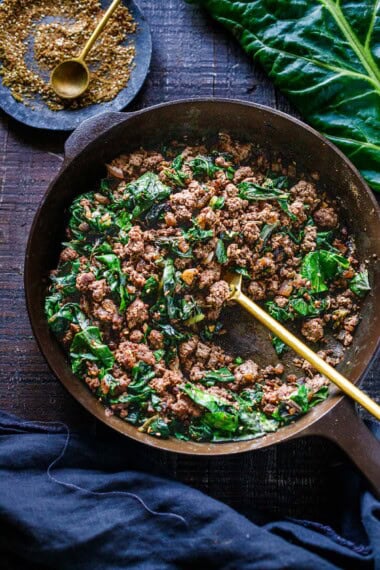 This Za'atar Ground Beef and Greens is a quick and flavorful 30-minute dinner made in one skillet! Savory ground beef, tender Swiss chard, and warm spices come together for an easy, Middle Eastern-inspired meal. Delicious with warm pita, rice, or a tahini sauce.
